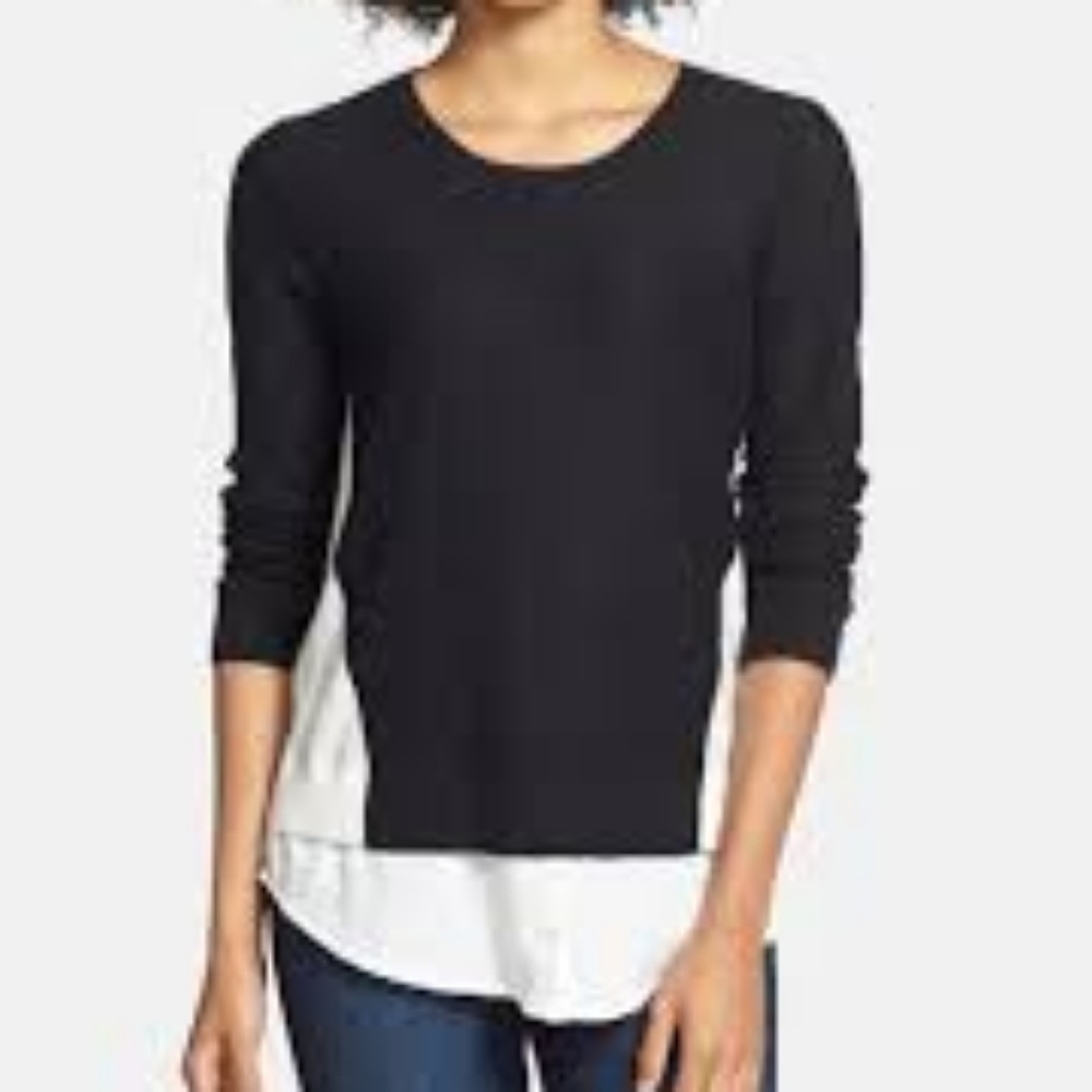 Kensie Crepe Inset Black Cream Colorblock Shirttails Lightweight Sweater Small